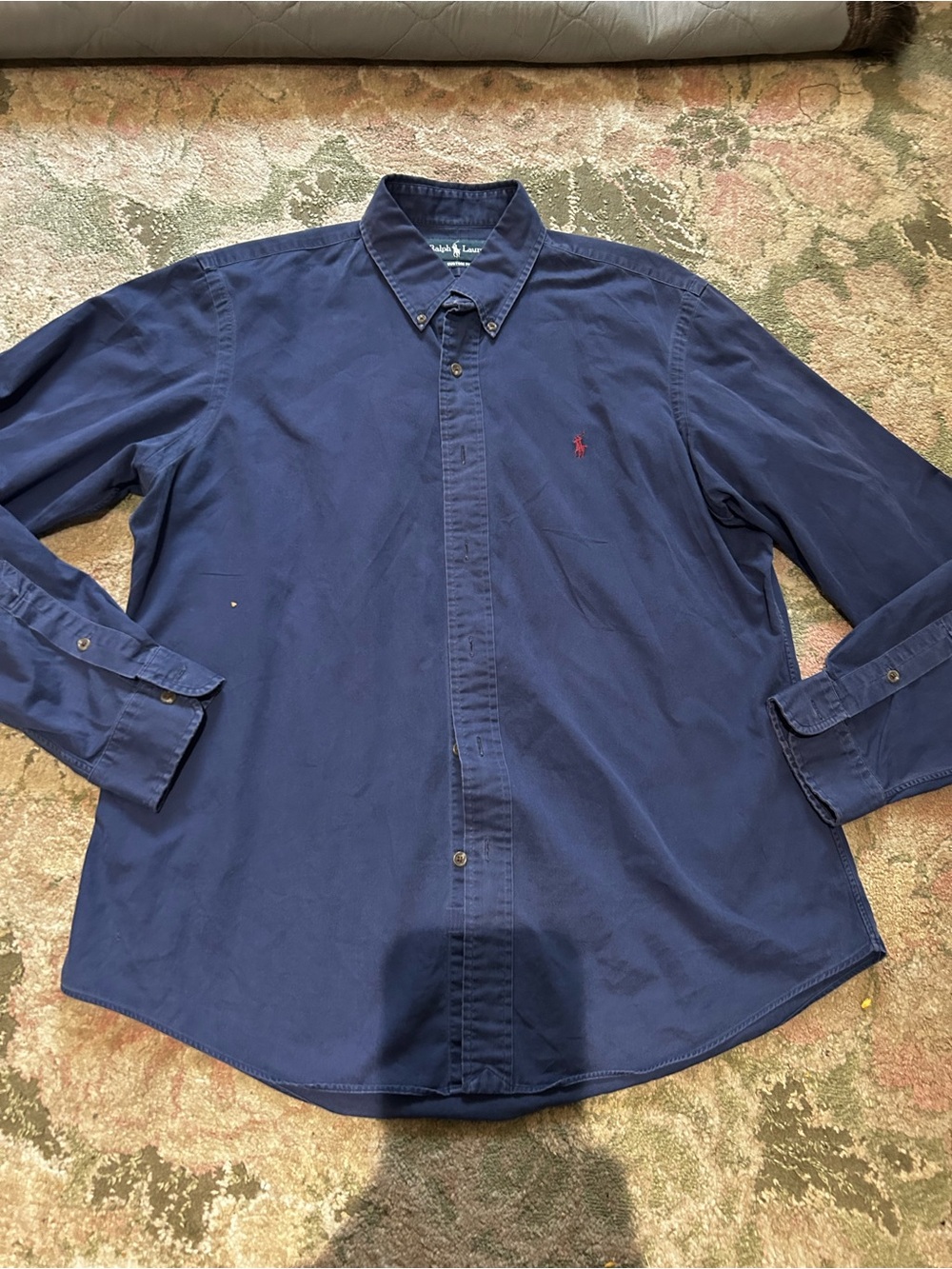 Ralph Lauren Navy Blue Long-Sleeve Button-Down Shirt with Red Pony